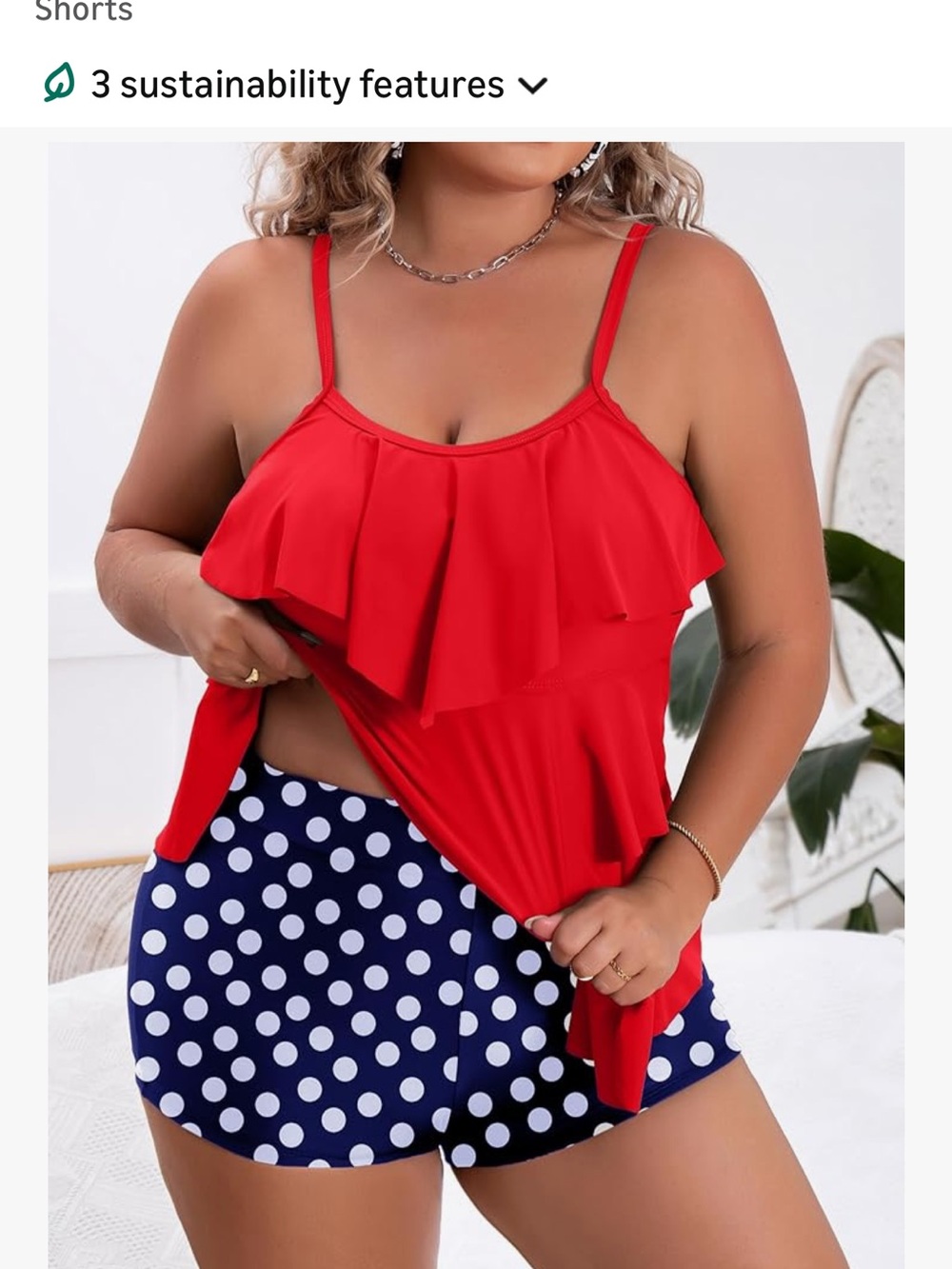 Red Ruffle Tankini Top and Navy Polka Dot Shorts Swim Set